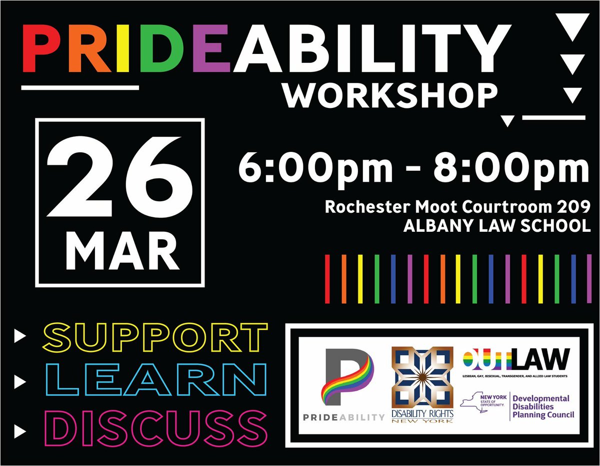 NYSCDD's tweet photo. Come out to @AlbanyLaw on March 26th for the #PrideAbility meeting co-hosted by @DRNY_org https://t.co/P1ujZs3bb2