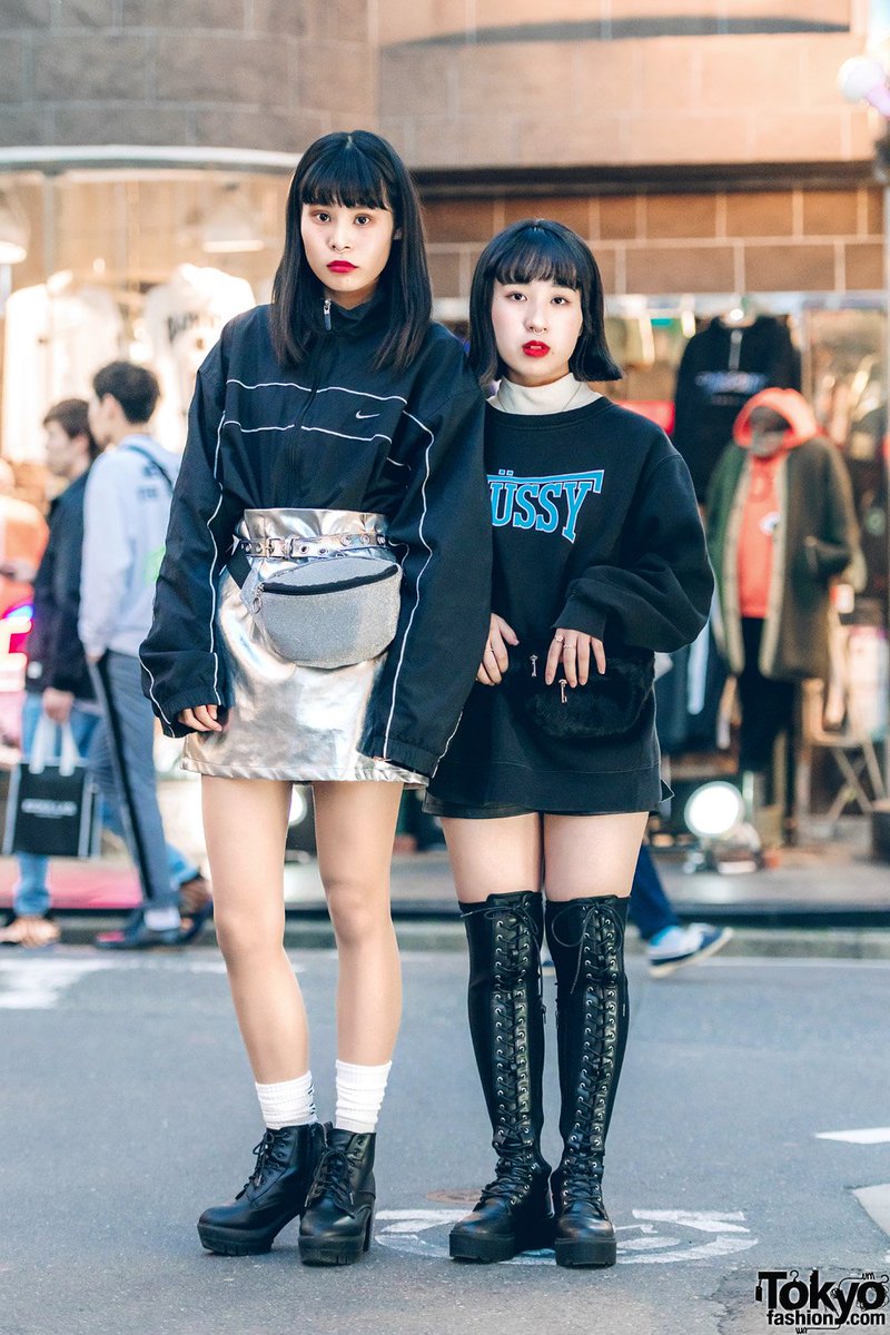 What__Fashion's tweet photo. Harajuku Girls in Monochrome Streetwear w/ Silver Skirt, Crossbody Bags &amp; Boots https://t.co/1x6pzu6dIm https://t.co/IOVccfXl1U