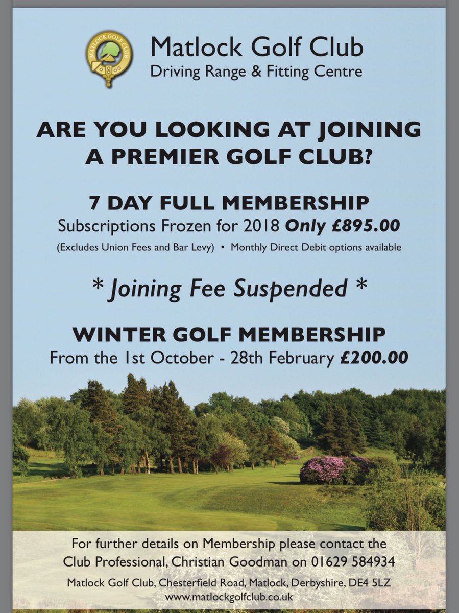 MatlockGolfClub's tweet image. ⛳️ Membership Offer⛳️  We have the following Memberships available; 7 Day / 5 Day / Under 35’s and Social Membership. 7 Day Full Membership is only £895 with No Joining Fee! Contact 01629 582191 for further information #Matlock #Derbyshire #Golf