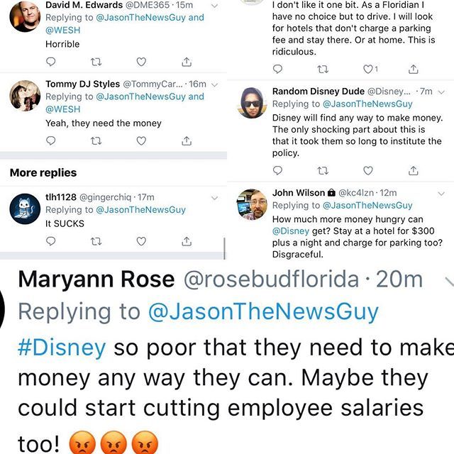 JasonTheNewsGuy's tweet photo. Well, that escalated quickly. My social media friends are not happy with news of #DisneyWorld charging for overnight parking at resorts. Thanks everyone for weighing in today.
.
#badPRday @Disney #PriceHike #Disney #WESH https://t.co/kyBbki3pTS https://t.co/D1vcM9uK9d