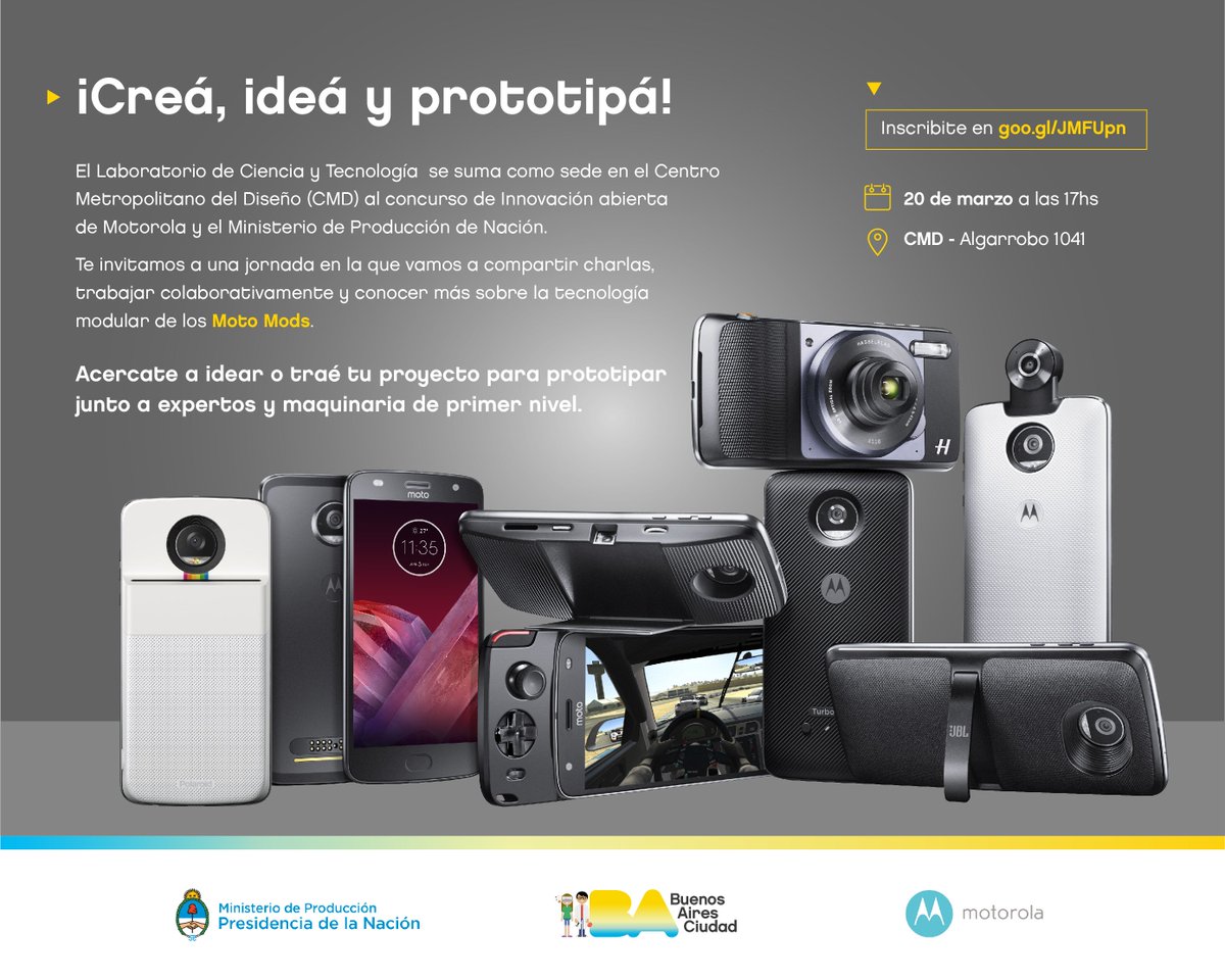 BAcienciaytecno's tweet photo. El martes que viene te esperamos en el CMD para contarte todo sobre el concurso de Innovación Abierta #MotoMods de @motorola_AR @PRODUCCION_AR
Vení a disfrutar de una jornada de charlas y ¡visitá nuestro laboratorio de fabricación digital! Inscribite ➡️https://t.co/erkN9MDiKn https://t.co/UMPSe2uPN0