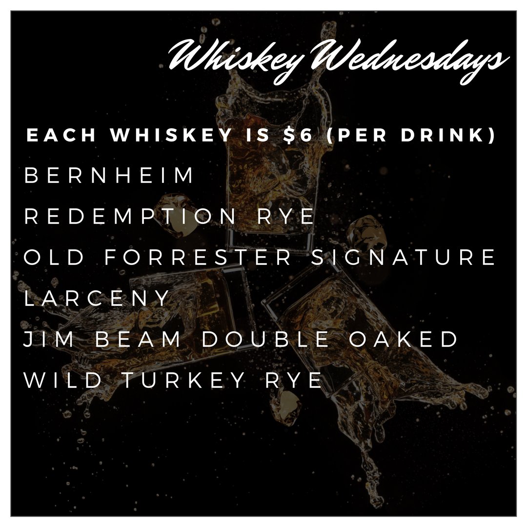 cottonroomclt's tweet photo. 🥃WHISKEY WEDNESDAYS - 6 WHISKIES FOR $6 (per drink) 🥃
.
.
#Bernheim 
#RedemptionRye
#OldForrester
#Larceny
#JimBeamDoubleOaked
#WildTurkeyRye https://t.co/JbrgxlAg9G