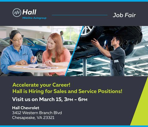 HallChrysler's tweet photo. Think you know the auto industry? Think again! Come see what makes Hall different from the competitors at our job fair tomorrow at Hall Chevrolet in Chesapeake. Join us from 3-6pm for the chance to interview that day! Sales and service positions available. https://t.co/fk2IAlc8he