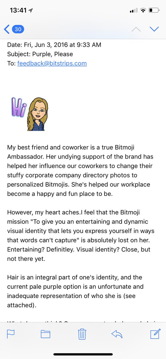 may__le's tweet photo. almost two years ago @zoellesmith sent this email to @Bitmoji WELL PEOPLE I HAVE EXCITING NEWS!!! It finally happened. Thank you to my dear friend for being a true advocate, and to Bitmoji for providing me the opportunity to properly/accurately represent myself. #blessed https://t.co/6q2CRG5wmM