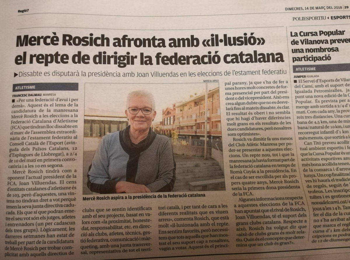 mrosich2018's tweet photo. Avui ha estat @diariRegio7 qui es fa ressò de les eleccions de dissabte i de l'il·lusió en que @mrosich2018 afronta el repte de dirigir la @Atletisme_FCA. #eleccionsFCA #candidaturaMerceRosich2018 https://t.co/nZtUMsBwMG