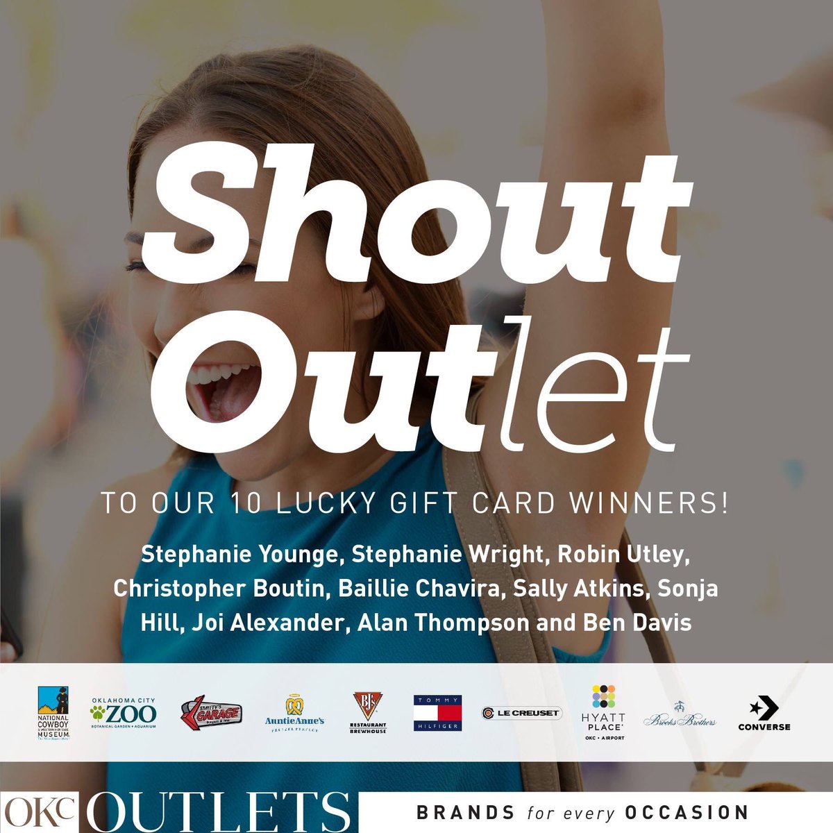 OKCOutlets's tweet photo. We have winners for our Venture Outlet Spring Break Package!
The grand prize winner is Sidney Eastwood.
See graphic for 10 $50 gift card winners.
Congratulations to all, and thank you to everyone that participated in our giveaway! Stay tuned, we'll have more giveaways soon. https://t.co/cGEXJhLm9U