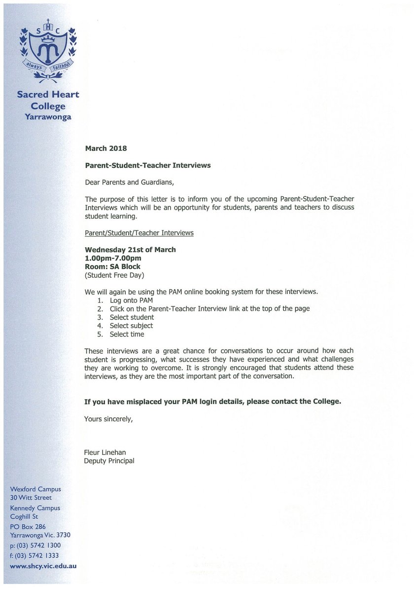 SHCYarrawonga's tweet photo. Parent Student Teacher Interviews are on next Wednesday. Please see attached letter for details. https://t.co/E9DsVblCsw