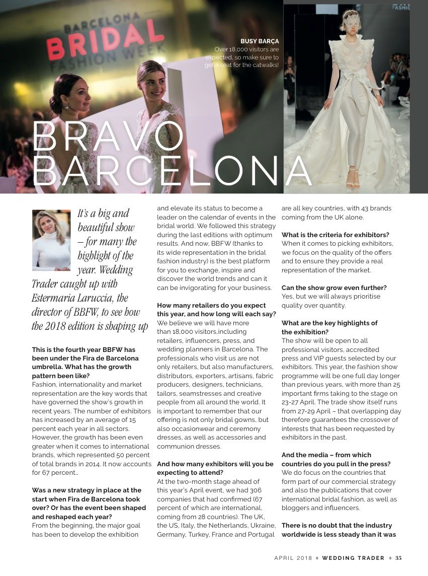 WeddingTraderUK's tweet photo. We’ve got 11 pages covering six upcoming international bridal shows, including an interview with Estermaria Laruccia, Director of @BCNbridalweek #BBFW, plus what to expect at @theknot COUTURE, @EuroBridalWeek and more… #weddinghour https://t.co/CxxqfzqN6r