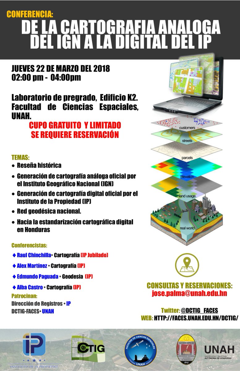 DCTIG_FACES's tweet photo. Invitación a la Conferencia "De la #cartografia análoga del IGN a la digital del IP" en la @UNAH_Oficial de #Honduras. Cupo gratuito y limitado por reservación https://t.co/24ALzjddL8
