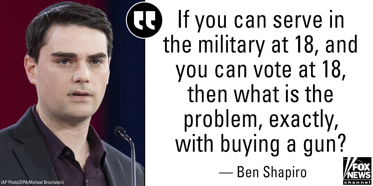 FoxNews's tweet photo. Daily Wire editor @benshapiro sat down with @marthamaccallum on #TheStory on Wednesday and questioned calls to raise the legal age to buy a gun from 18 to 21. https://t.co/2BQxNVSGkm https://t.co/TVArP6PPBX