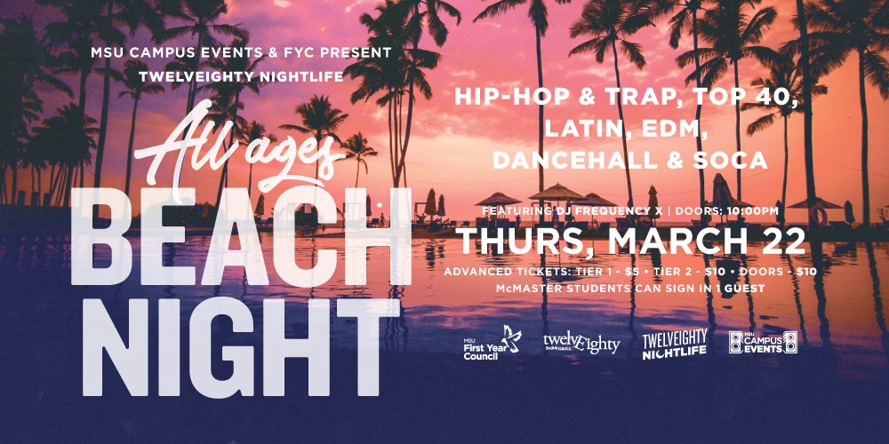 We have paired up with <a href="/MSU_FYC/">MSU FYC</a> for beach night! Join us on March 22nd inside <a href="/MSU_1280/">1280 Bar & Grill</a> for this ALL AGES club night!

TIER 1 LIMITED TIME STUDENT TICKET (All Ages): $5 

Tickets: bit.ly/2FSekrw

#McSU