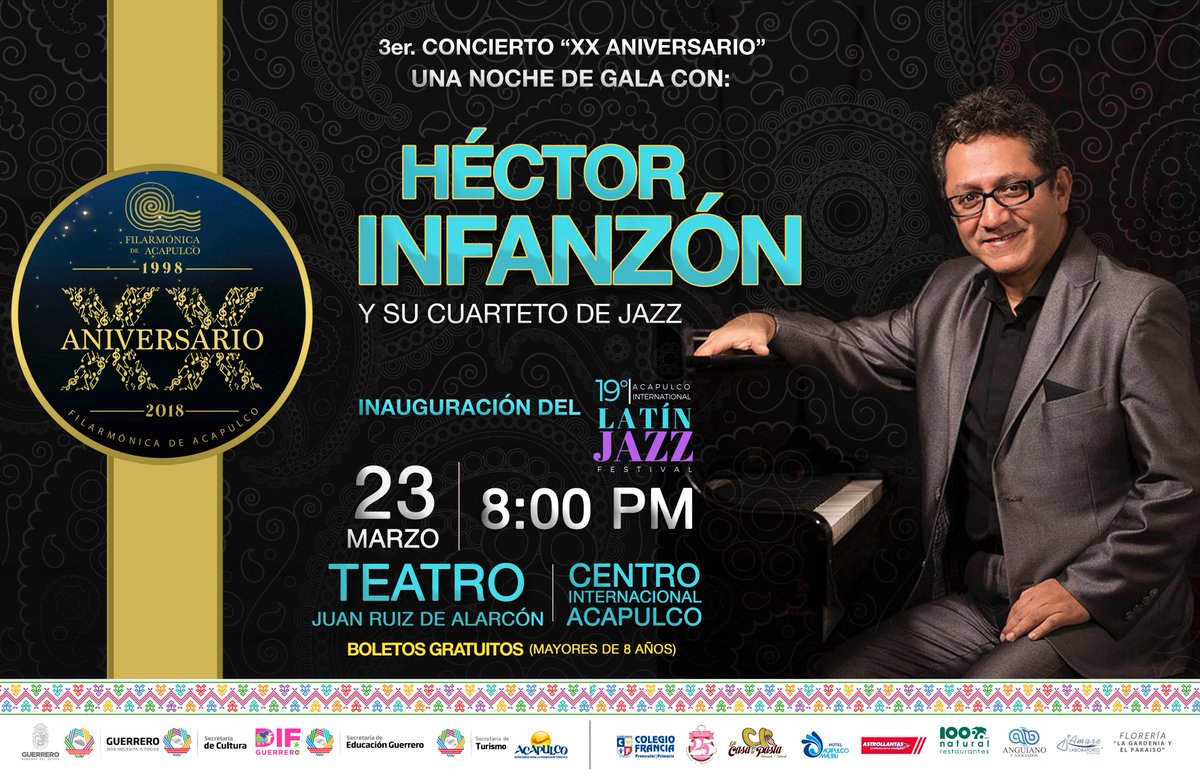 #Acapulco Dentro de los Festejos de los 20 Años de la #OFA  nos unimos en la Inauguración de la Edición No. 19 del  #Acapulco International Latin Jazz Festival
Concierto de la Temporada de Gala " XX Aniversario" #ViernesDeOrquesta 23  8pm Teatro #JuanRuizDeAlarcón <a href="/mtroalvarez/">Eduardo Alvarez</a>