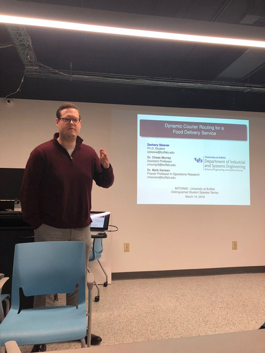 ubinforms's tweet photo. Today 3/14/2018 @ZachSteever "helping you get your pizza faster" a PhD candidate of @UB_ISE presenting his work on Dynamic Courier Routing for a food delivery as part of our Distinguished Student Speaker Series #orms #UBINFORMS #FoodForThought https://t.co/RxyGHtg8iC