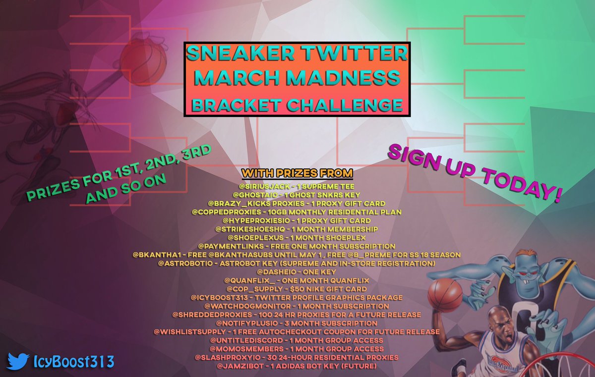 SwiftCop's tweet image. Sneaker Twitter Bracket Challenge Live!

Link: goo.gl/CXu9e9
Password: sneakertwitter

22 Prizes.  22 Winners.
Best bracket gets first pick at prize pool. Second best bracket gets second pick at prize pool and so on...

Good luck!