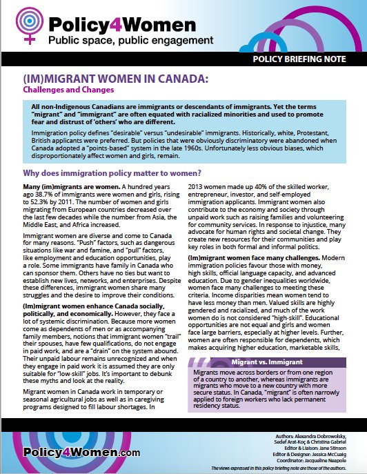 FemNorthNetwork's tweet photo. This week #Policy4Women released a new 2pg briefing: (Im)migrant Women in Canada. It summarizes immigration issues affecting women &amp; presents policy changes to improve pathways, protections &amp; supports for #ImmigrantWomen in #Canada. Don't miss it! https://t.co/DfSa7oGGnb #cdnpoli https://t.co/1FaTltWzJc