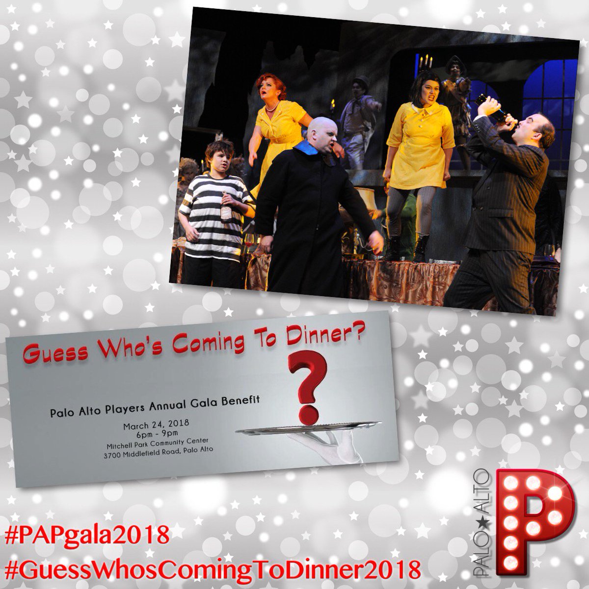 PaloAltoPlayers's tweet photo. EARLY BIRD pricing for our #AnnualGala on SAT 3/24 ends TOMORROW; grab your cheap tix before it's too late! #ActFast!βπΎπ₯ππ
For tix & more info, visit our #Gala page at: https://t.co/g317YuyhXR! #PAPlayers #addamsPAP #PAPGala2018 #GuessWhosComingToDinner2018 https://t.co/S1dXbTdhBd