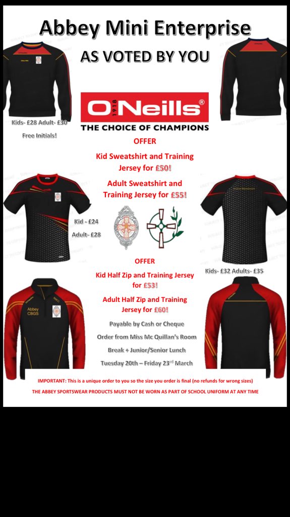 AbbeyCBS_Biz's tweet photo. Abbey Sportswear orders will be taken from Tuesday next week until Friday. Please read all the details carefully in the attached pictures and your emails. Remember these are leisurewear so are not permitted as part of school uniform. Any questions ask Miss McQuillan @Abbey_CBS https://t.co/xdoGlBTWXO