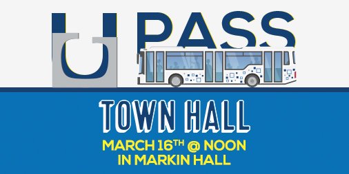 ULethSU's tweet photo. UPass Referendum Town Hall just announced!
Come speak with Students' Union, Lethbridge Transit, and University representatives regarding the upcoming referendum details and inform your vote!
Polls open March 27th and close March 29th. #Uleth #UPassUleth
https://t.co/9y84prVYWn https://t.co/QruklIiQ9C