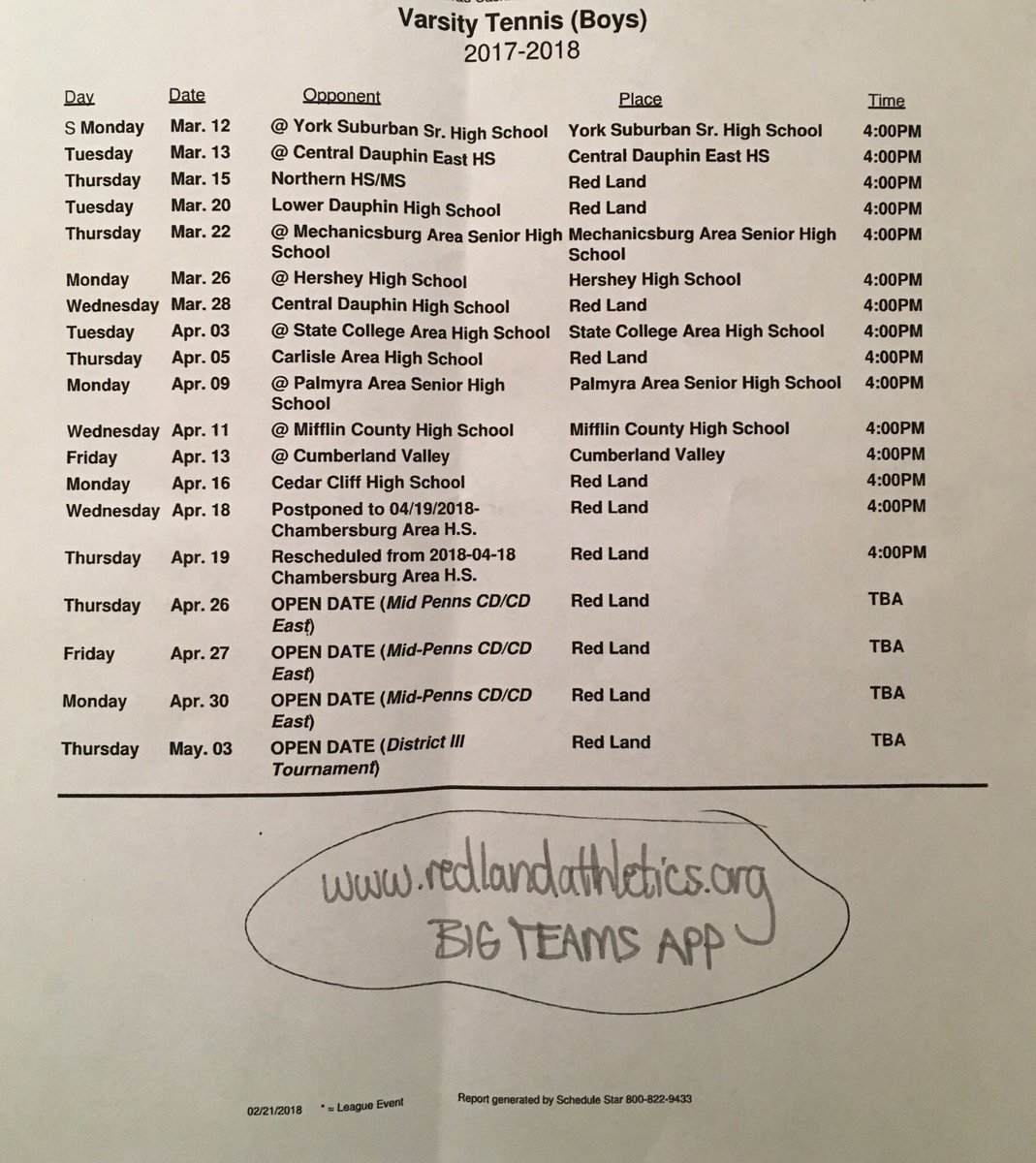 Here is the schedule for this season. Everyone come out and support the team even if you don’t know what tennis is! We’re looking forward to a great year! #rltennis #hitemwiththeheater <a href="/RLRedSea/">Red Land Red Sea</a>