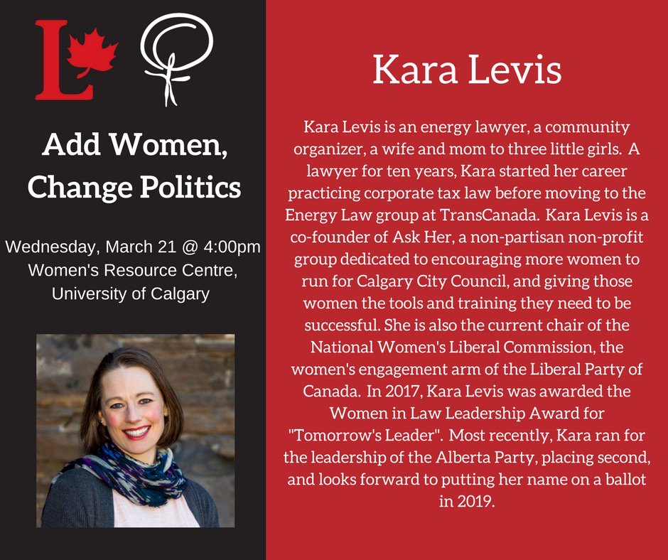 ucalgaryliberal's tweet photo. Hey UCalgary community, on March 21 stop by the Women's Resource Centre for our Women in Politics panel! #AddWomenChangePolitics https://t.co/d03CXSAmlQ