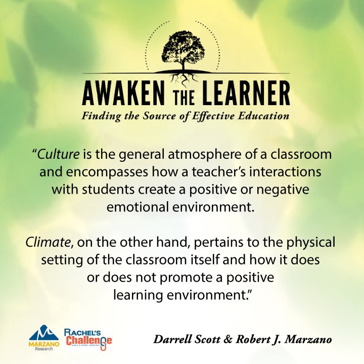 MarzanoResource's tweet photo. When a classroom’s culture and climate are positively aligned, teachers can maximize their students’ ability to learn. https://t.co/U9cXTb6hMv  #edchat #teaching https://t.co/47ByVXGwiP