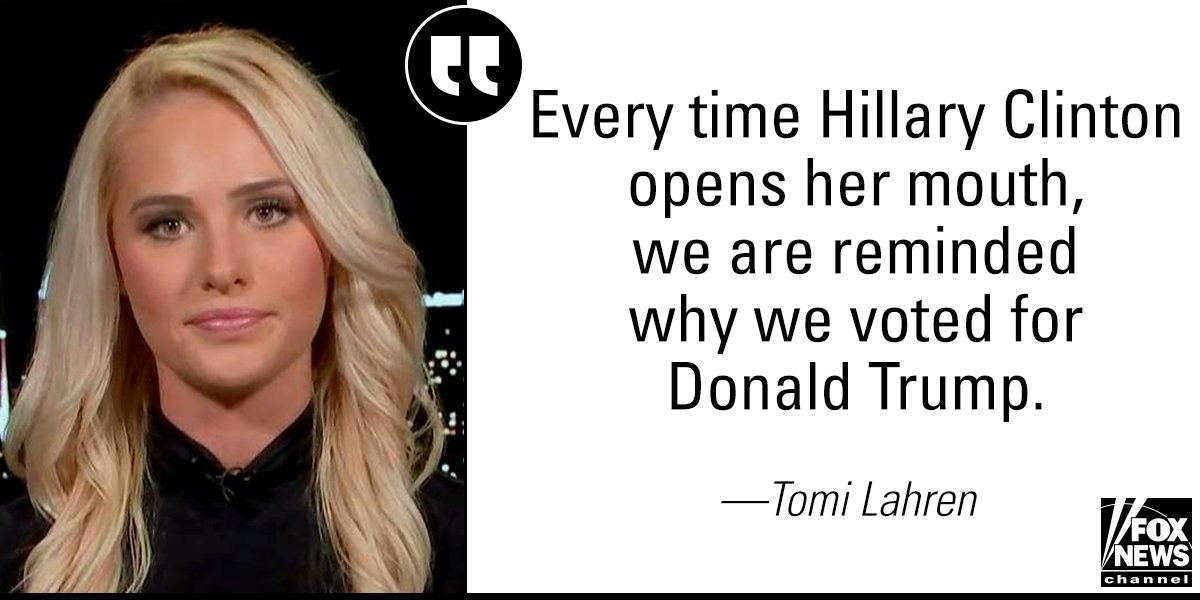 FoxNews's tweet photo. On "@foxandfriends ," @TomiLahren did not mince words when talking about @HillaryClinton.  https://t.co/bdSptnwSy1 https://t.co/3byIM1CK0w
