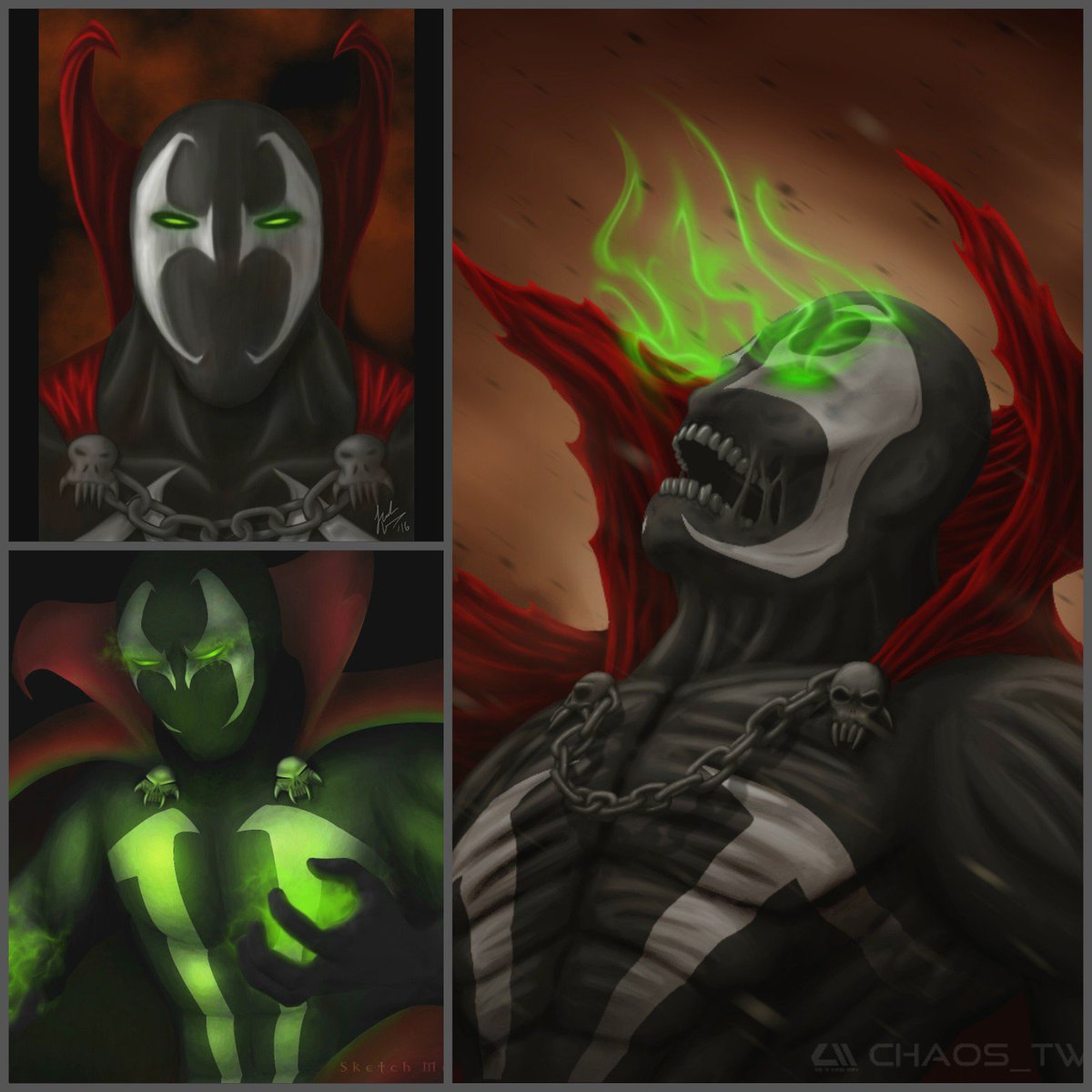 ChaosTwinStudio's tweet photo. It's funny how one's perception changes over time. Reflecting on the past 3 years. 2016 (top left), 2017 (bottom left), 2018 (right).
#tbt #throwbackthursday #spawn #toddmcfarlane #imagecomics #chaostwin #chaostwinstudio #art #artwork #artist #graphicdesign #graphic #photoshop https://t.co/IRbf22AyQc