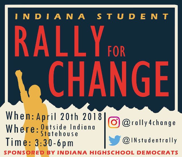 INStudentRally's tweet photo. The time for change is now. With momentum gathering from the walkouts, the Rally for Change is an opportunity for all students to make their voice heard and ensure that the rallying cry of “Not One More” does not become an empty gesture. https://t.co/wpv3YI5Gjl