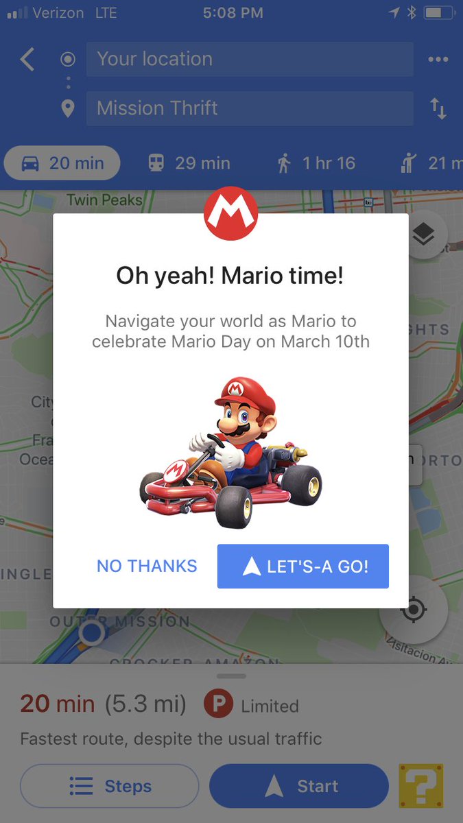 jenmkirch's tweet image. Really, @googlemaps? We can only use #mario and his #mariokart for driving directions? Who the hell drives and why can’t his kart use public-transport tracks? #sfproblems #BARTdiscrimination #MUNIdiscrimination