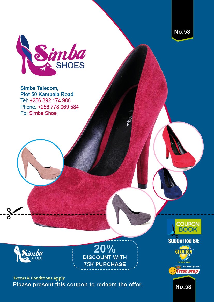 UgCouponBook's tweet photo. Get 20% discount with a 75k purchase at #Simbashoes using a coupon from the @UgCouponBook mobile app.
Download our mobile app (Couponbook EA) from play store / Visit https://t.co/tFKTMZAiHg, register and verify your account to redeem this amazing discount.π―π―
#SaveMillions https://t.co/yzf339HSnn