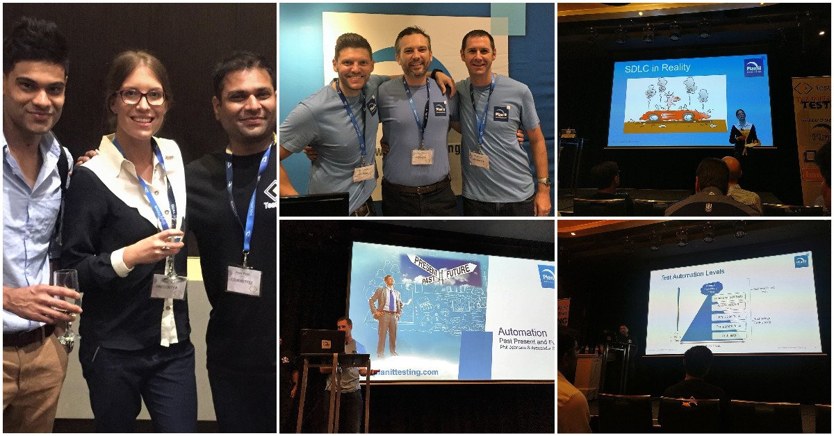 PlanitTesting's tweet photo. The Perth team had two presentations at @TestWestWA. Ina Uhde (top right) spoke about her transformation from translator to tester, while Philip Johnson (bottom centre) and Arpit Patel (bottom right) presented on the past, present and future of test automation. #TestWest https://t.co/pSiFfeNA7l