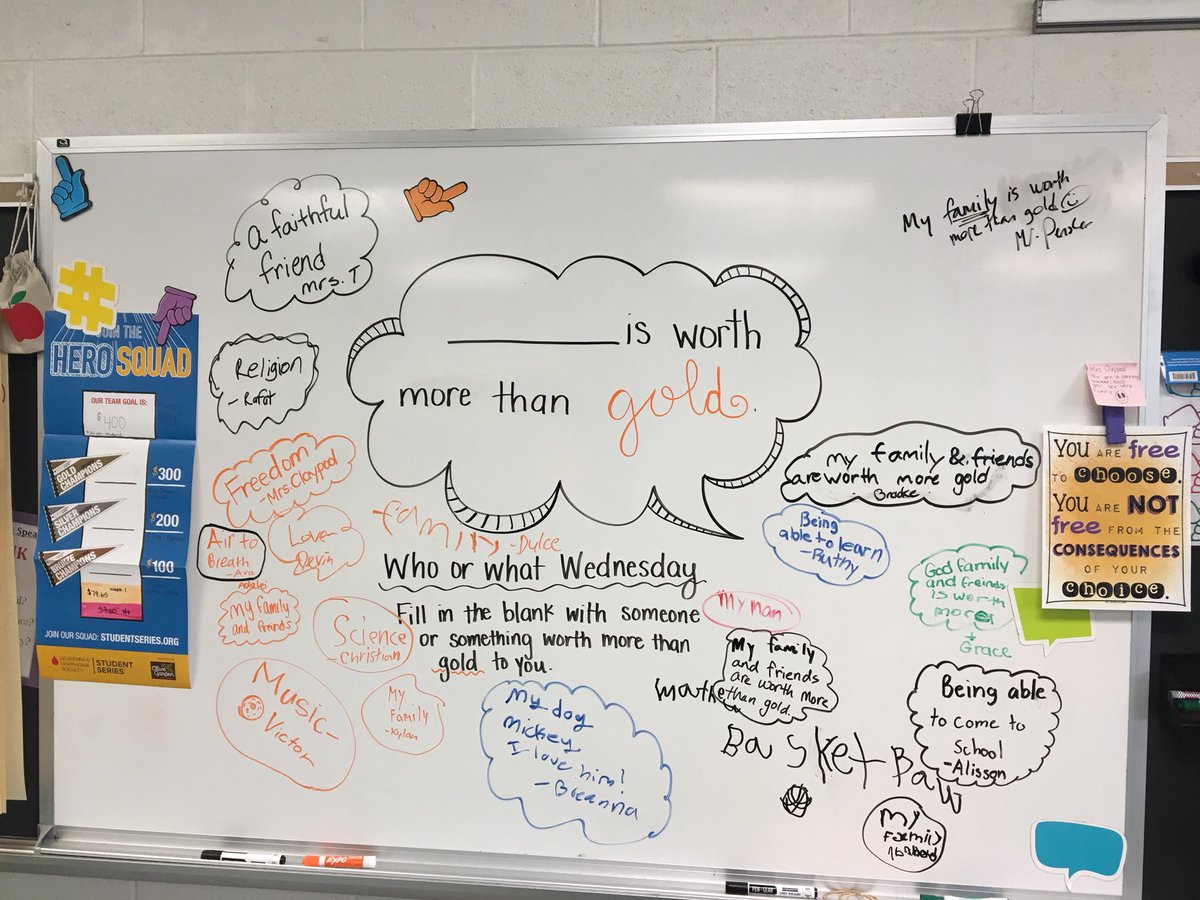 TLC5thgrade's tweet photo. Morning whiteboard. Love getting to see what my students value! Mr. Pensler joined in today! @Principal_BRES #whiteboards #Iteach5th #BullRunES https://t.co/9OvIIMR22g
