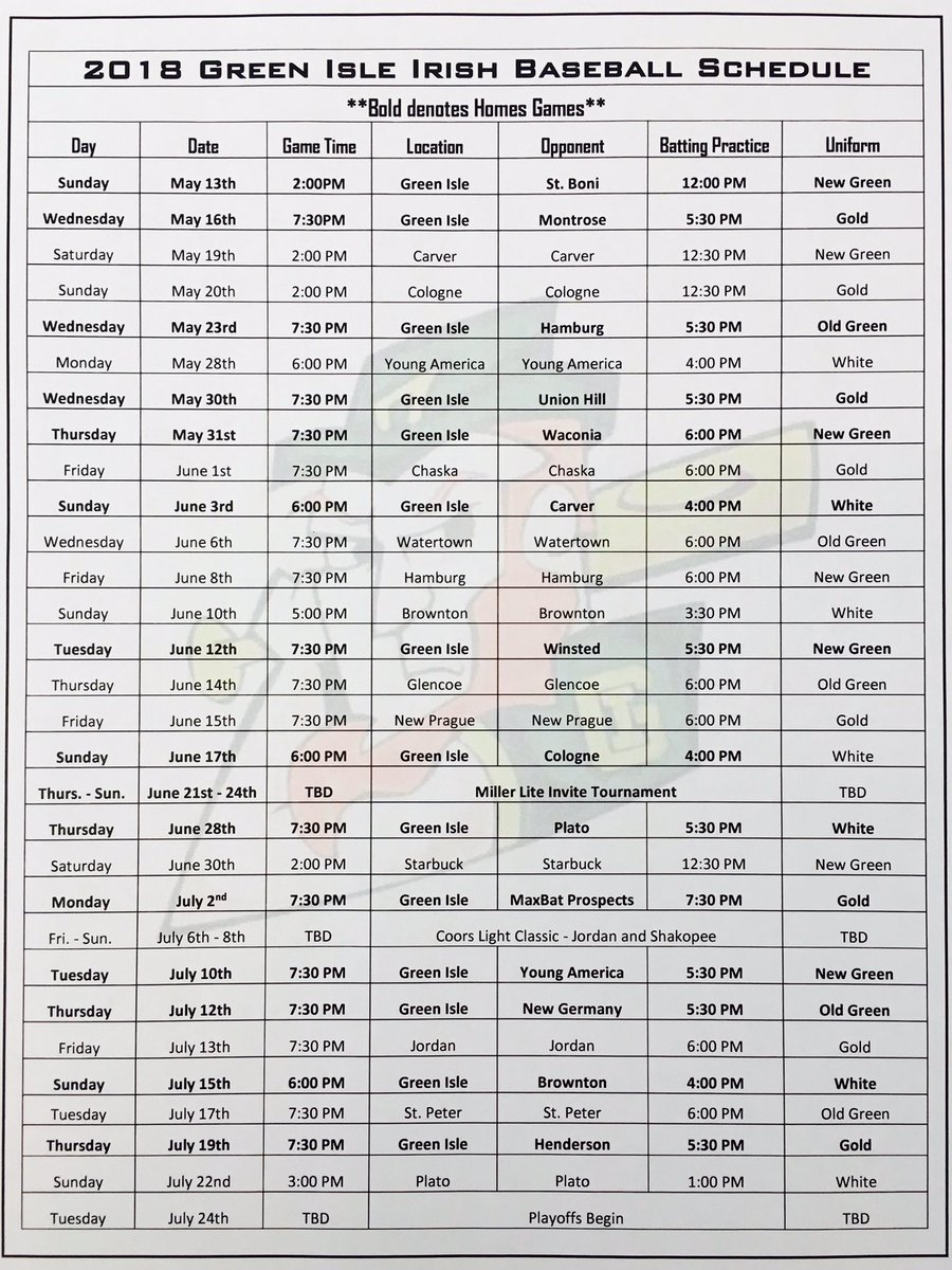 Green Isle Irish schedule for 2018! Many highlights slated for the summer! <a href="/MinnBaseball/">Minnesota Baseball Association</a>