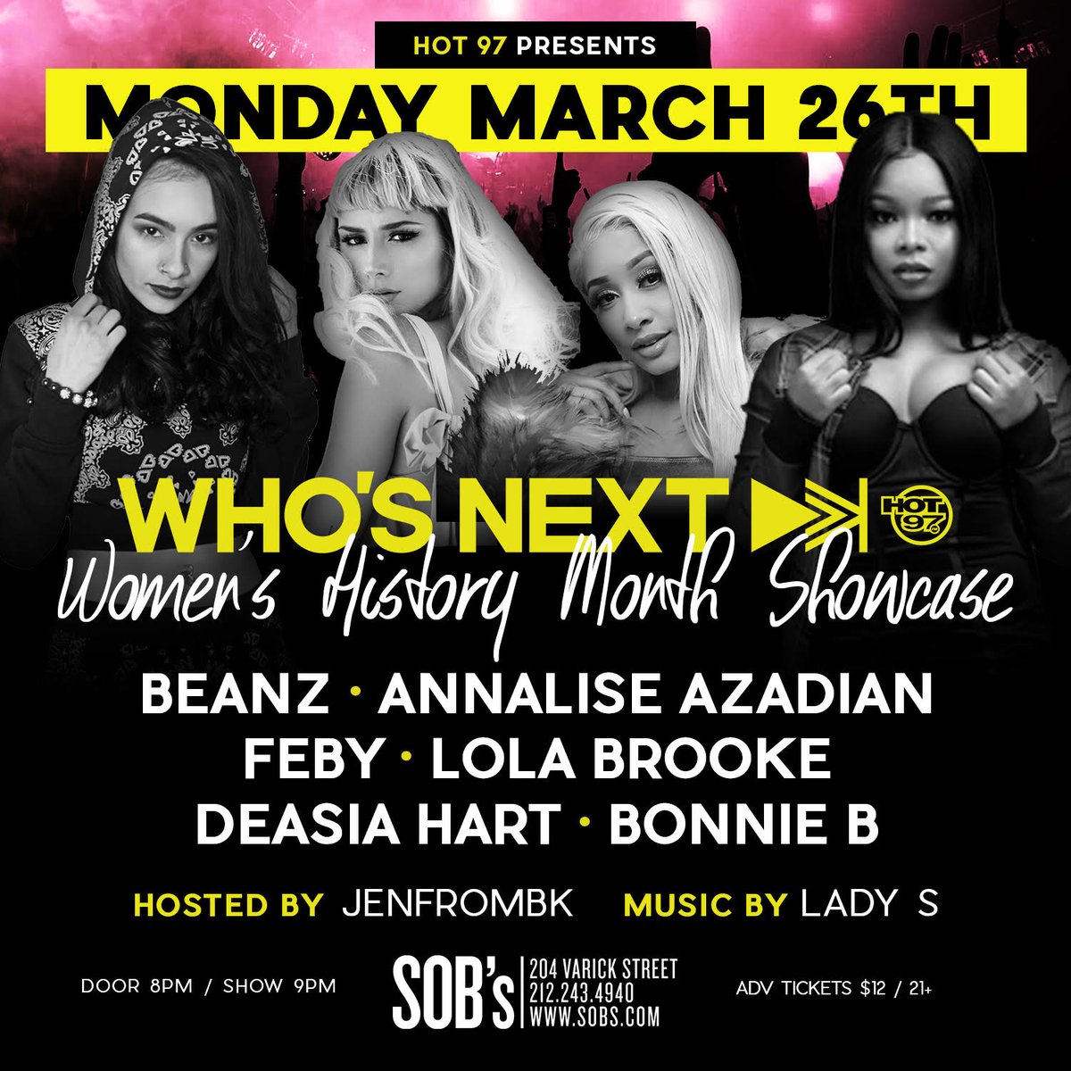 VoicesInEnt's tweet image. On Mon 3/26 @hot97 presents an all female Who'sNext showcase for Women’s History Month at @SOBs . the night kicks off with a very special female exec mentoring panel including VIE members &amp;amp; moderated by @TTTorrez #WomenInMusic #voicesinentertainment