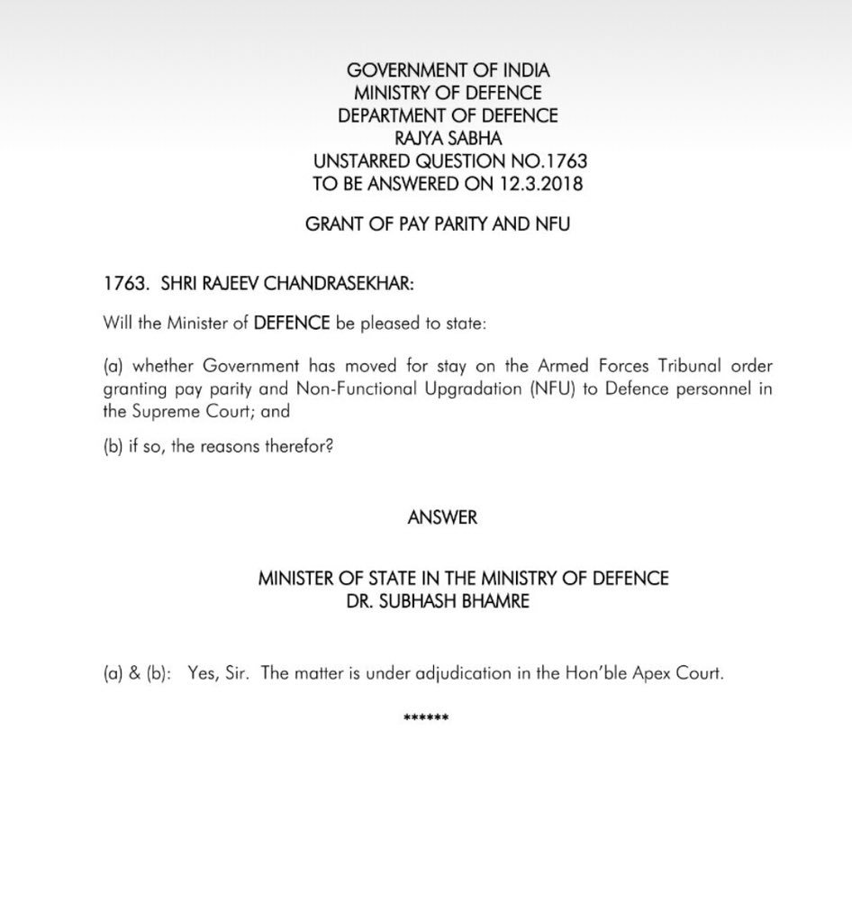 PunamIndian's tweet photo. @OliveGrin17 @vikramwkarve @Gen_Chohan @AK7CAV @DrPadvekar @Reinebow23 @ragarwal @2friendstweet @Jaykaul @amitabhafirst @ChandrusWeb @DikshitSmita @just_1_singh @rajbhown @rwac48 @patilpramood444 @RavinKmr @tiredcitizen @abhikr31873 @Ashok110111 @rawrkyadav @majorgauravarya @kakar_harsha @MajorPoonia @BrigMahalingam @manmohan16 @IPS_Association @PashaSehgal @republic @asiatimesonline @cmseth1 @Ptr6Vb @Neeraj7888 @GeneralBakshi @bhushan_gyan @PremDayalGupta2 @ArunBajpai @ColCharanjit @ColTekpal @IASassociation @AmitGhoshIAS @danvir_chauhan @SmitaMukerji @marquee58 @manojchannan @nitingokhale @NarendraChaarag @narender_naini @ayessemm @adgpi Having granted #NFU to all Central GpA CivServices,Govt reiterates in Parliament that it’s not going to extend it to AF, thereby confirming deliberate #Downgradation & #Degradation of Defence Services..Hope Hon’ble SC rectifies this injustice on 20 April 2018 when SLP is heard.. https://t.co/w6oxe5PYzd