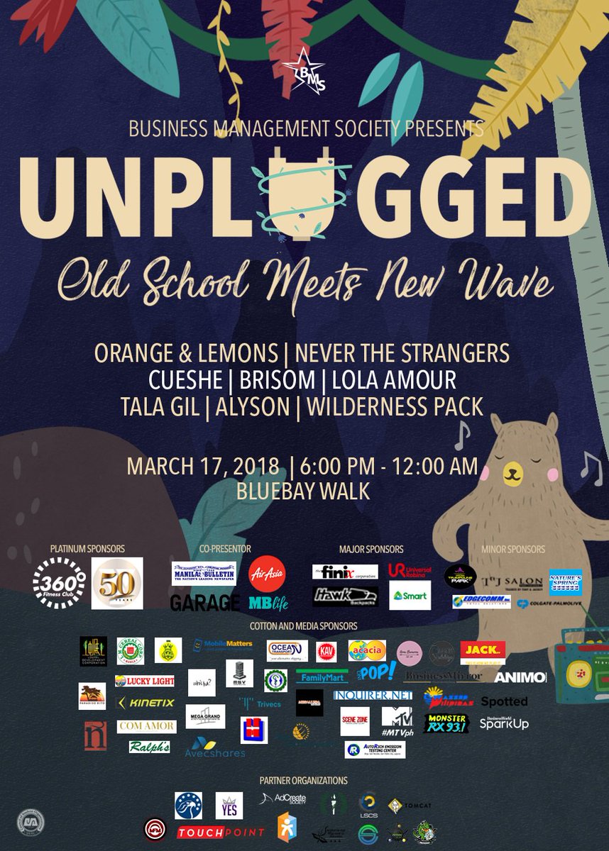 SparkUpPH's tweet photo. SparkUp is a media partner of De La Salle University: Business Management Society's "Unplugged: Old School Meets New Wave" this March 17, 6pm-12am at BlueBay Walk, Pasay City!
Visit https://t.co/DZNGL1JMHU or @BMSUnplugged for updates! #OldSchoolMeetsNewWave #StepIntoTheJungle https://t.co/lfujPsCvOv