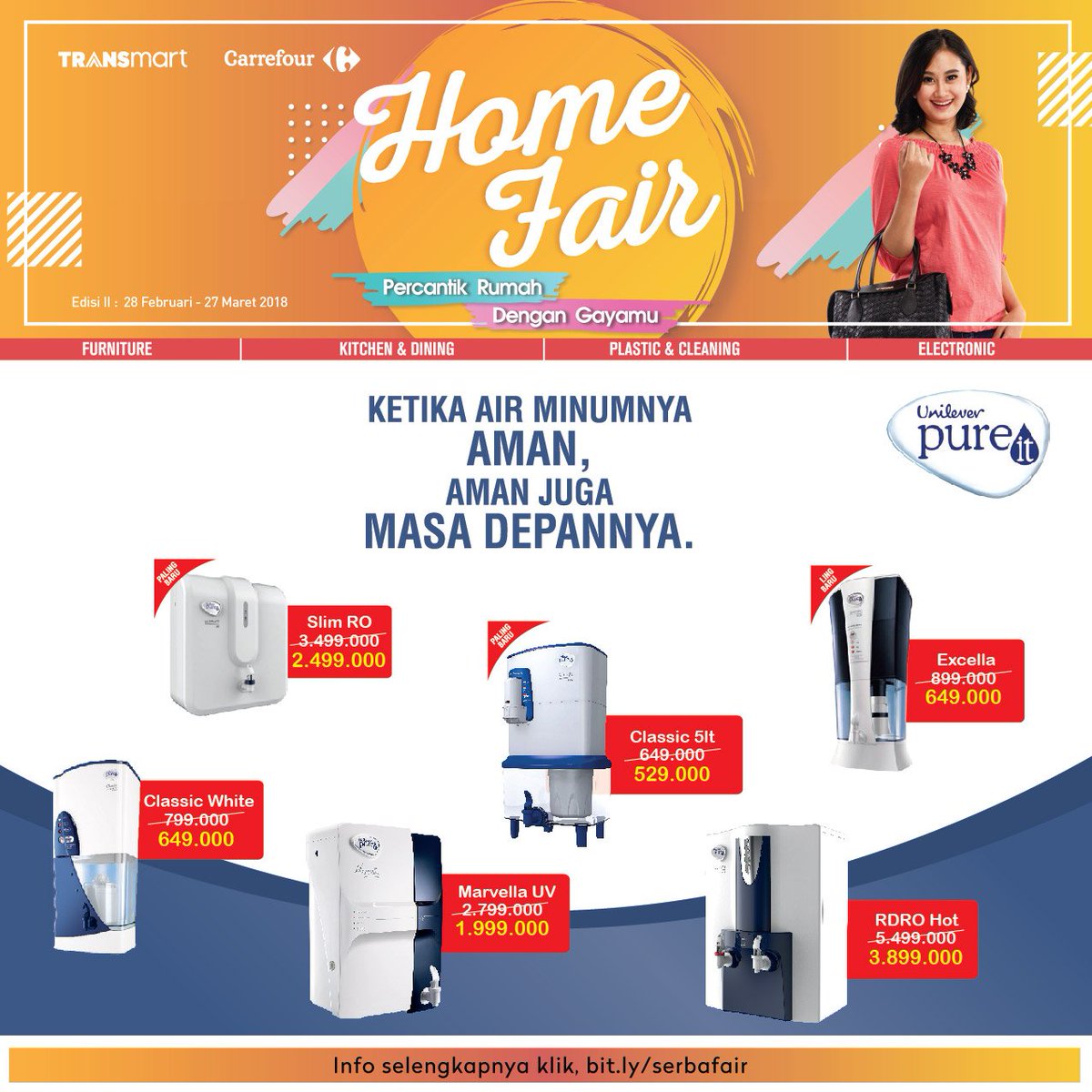 Transmart_IND's tweet photo. TURUN HARGA! Ayo, kejar promo Unilever Pure IT di #TransmartCarrefour dan pastikan Anda selalu beri yang terbaik untuk keluarga dimulai dari air yang diminum. Promo berlaku hingga 27 Maret 2018. Info selengkapnya, kunjungi https://t.co/dCxBK4LLAJ #HomeImprovement #HomeFair https://t.co/d3gHgqktIF
