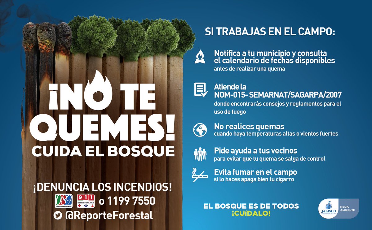 SaderJal's tweet photo. Si trabajas en campo es importante que tomes en cuenta las siguientes recomendaciones para evitar que tus quemas se conviertan en #IncendiosForestales. 🔥
Si ves algún incendio, denuncia al 089 ó 911 ¡Juntos podemos prevenir! https://t.co/z8OUFwaeq3