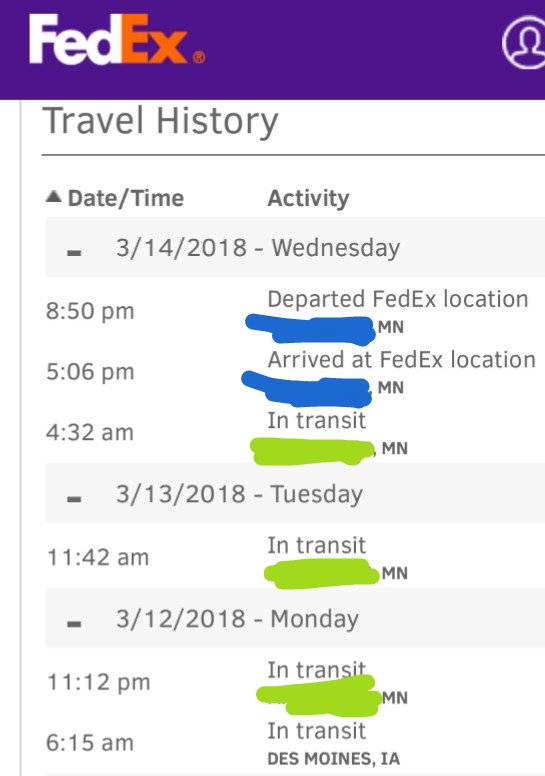 IwannaPC's tweet photo. "yeah we just wanted to hold onto your package for 2 days in the same location for no good reason" is all this tells me. Lol https://t.co/gTOdaaEvNC