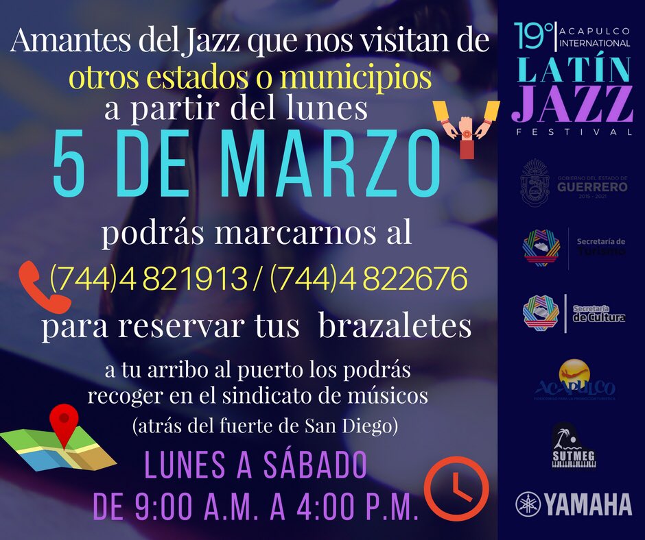 Este 23, 24 y 25 de marzo disfruten de la edición 19 del Latin Jazz Festival, los boletos son gratuitos. Mayor información en visitacapulco.travel/events/19-acap…