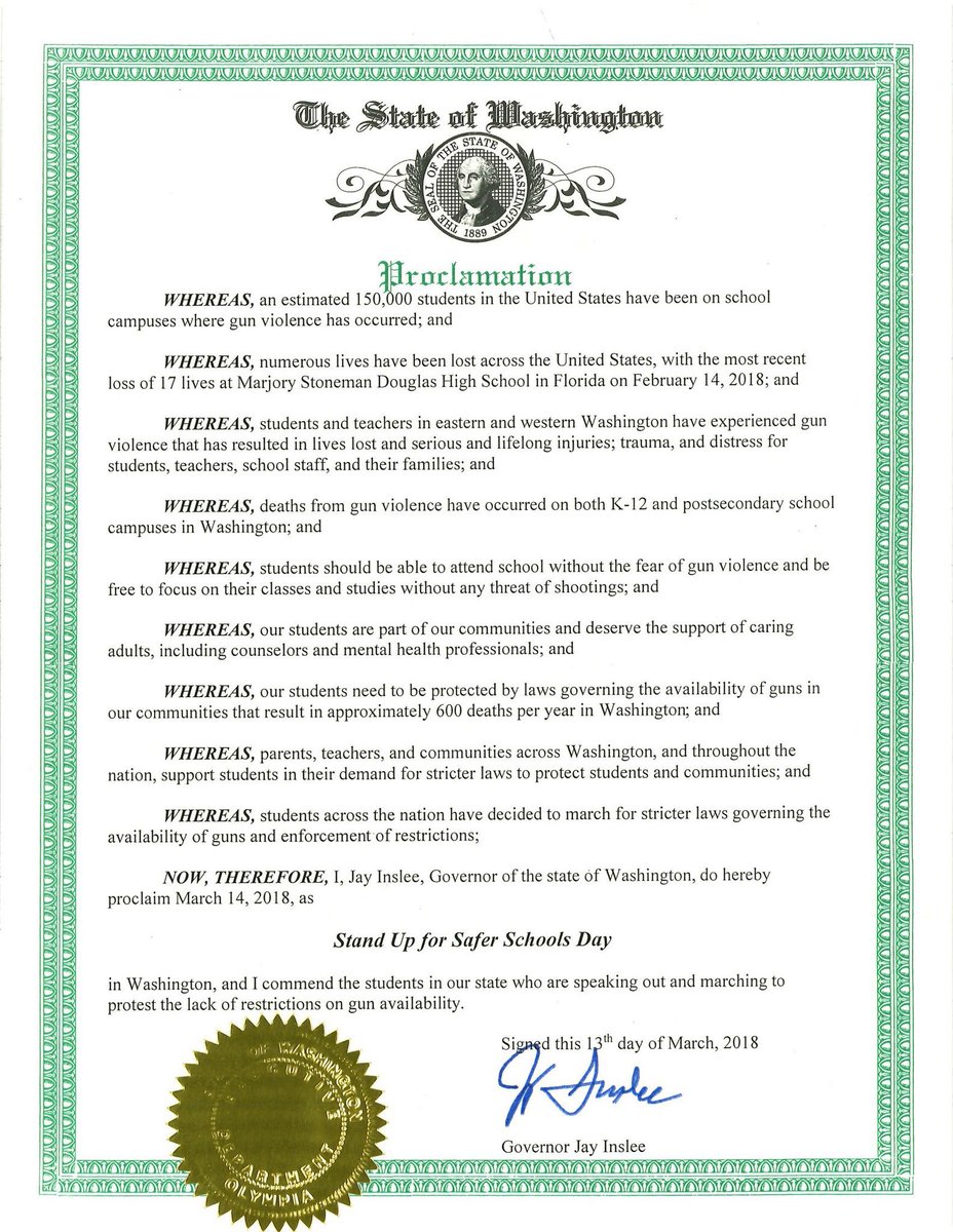 eennhu's tweet photo. Governor Jay Inslee declared today, March 14th, Stand Up for Safer Schools Day in Washington state. Change will happen, step by step. #NeverAgain. https://t.co/sbZfxqSmpZ