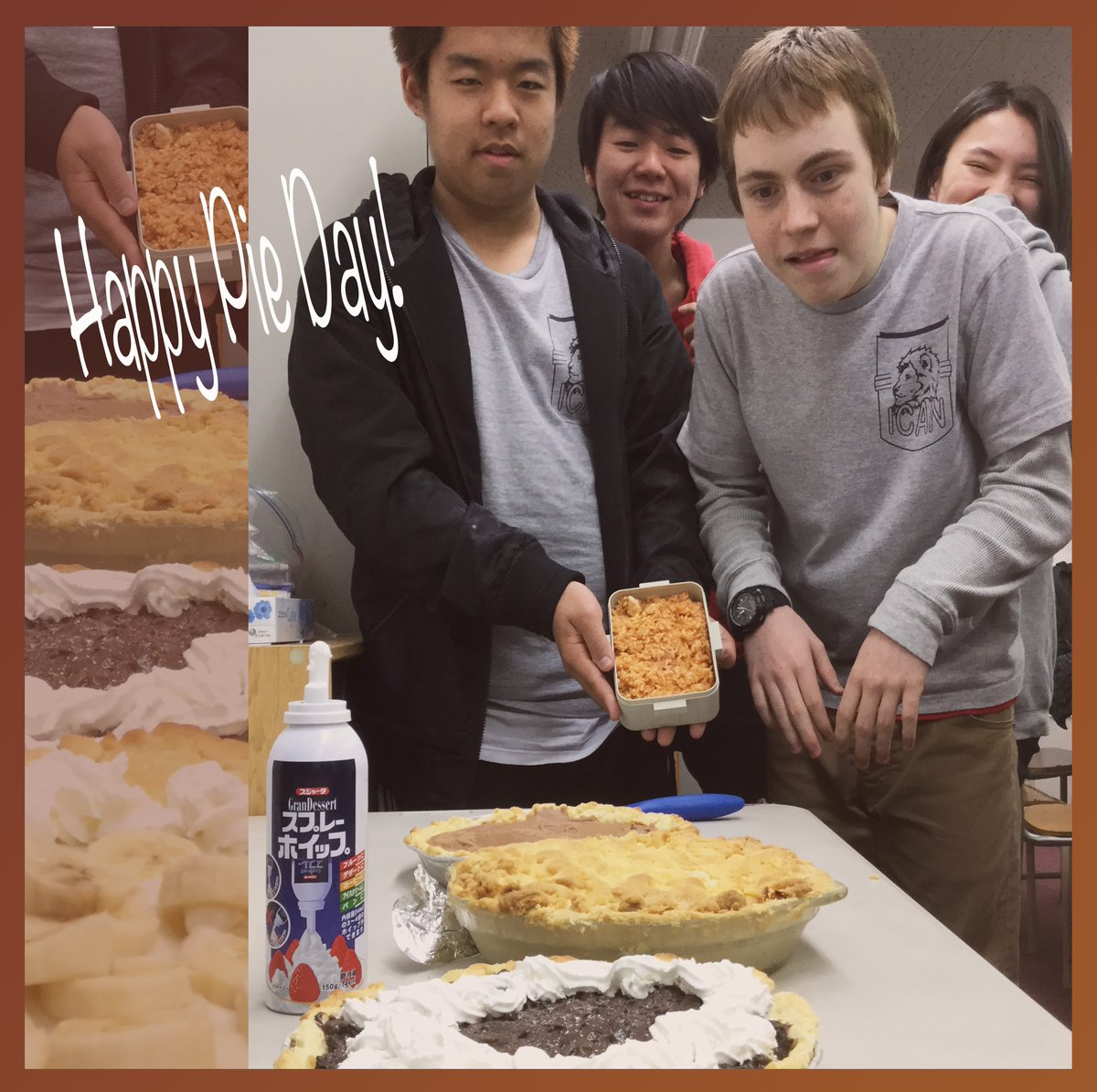 nicsicanjapan's tweet photo. Our secondary math teacher baked soooo many pies for Pie Day! Oreo, banana cream, chocolate, apple... thank you, Mr. Walker! #nicsschools #pieday #ICANmath https://t.co/1UbfGeDfFM