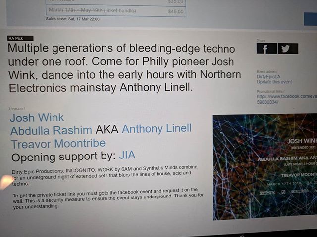ILUVINCOGNITO's tweet photo. @resident_advisor's pick for #LA this weekend! #rapick Bleeding-edge #techno #acid
.
#legend @joshwink1 #philly #pioneer & #northernelectronics mainstay #abdullarashim aka #anthonylidell
.
#incognito #iluvincognito @dirtyepic_la @synthetikminds @workby6a… https://t.co/VWW02T8jcJ https://t.co/venHtvfGFb
