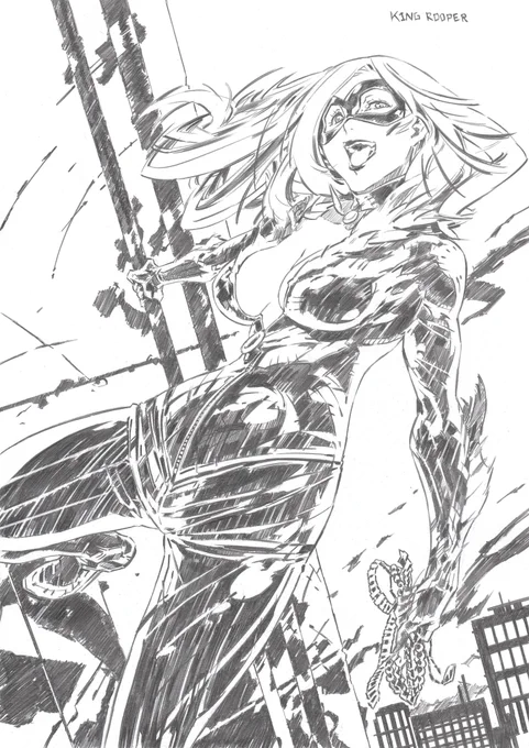 Black Cat from Marvel's Spiderman series. Shiny.#blackcat #marvelcomics #FANART #Pencildrawing #manualart #Leotard #longsilverhair 