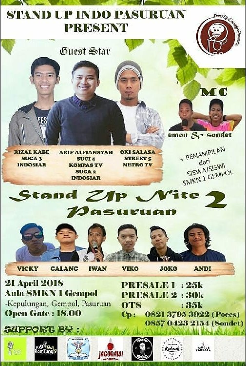 21 APRIL! | #SUN2PASURUAN w/ <a href="/arif_alfiansyah/">Arf Alfnsyh</a> <a href="/RizalKabe/">Moch Rizal Kokoh B</a> <a href="/oki_salasa/">oki salasa</a> &amp; 6 komika lokal | Aula SMKN 1 Gempol | Open Gate: 18.00 WIB | PS1: 25K / PS2: 30K / OTS: 35K. 

Info: <a href="/Standupindo_PAS/">Ig : Standupindo_pas</a>