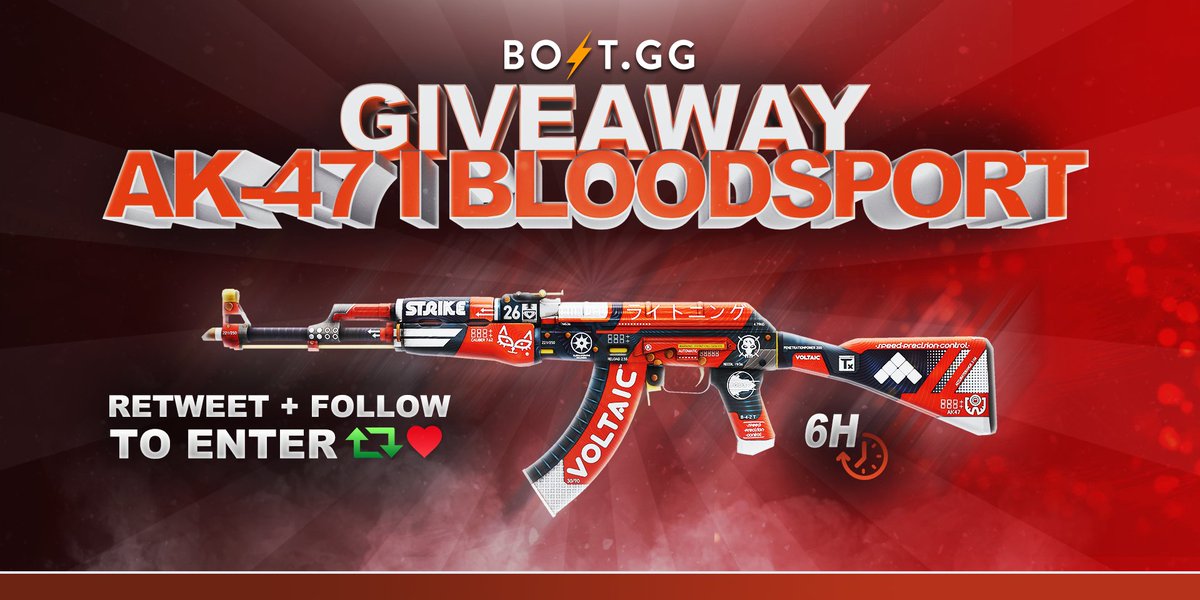 OfficialBoltgg's tweet photo. 6 Hour AK-47 | Bloodsport Giveaway!

To win you must!
⚡ RT + Like + Follow
⚡ Like: https://t.co/Zzd9mzyM0K
⚡ Tag two friends! https://t.co/p2qjNiWwZE