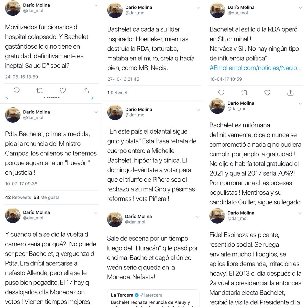 aVillaMolina's tweet photo. “Inepta, necia, criminal, hipócrita, cínica, mentirosa, nefasta...”: Solo son algunos de los insultos que se dedicó a proferir a Presidenta Bachelet, el designado gobernador de Limarí en redes sociales. Fiel representante de Piñera. ¿Así piden unidad nacional? https://t.co/QzgQEtNwI4