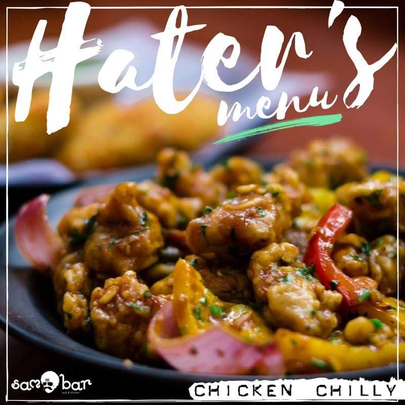 SamBarKhar's tweet photo. Overheard at SamBar -
"I expected a tinge of #southIndian taste in their dishes but it was over dominantly south Indian spices and Coconut. Had no other food options..."

Your feelings are always valid for us, this one is for you... 
#ChickenChilly, now at #SamBar

We love you :) https://t.co/ND7g873ySm