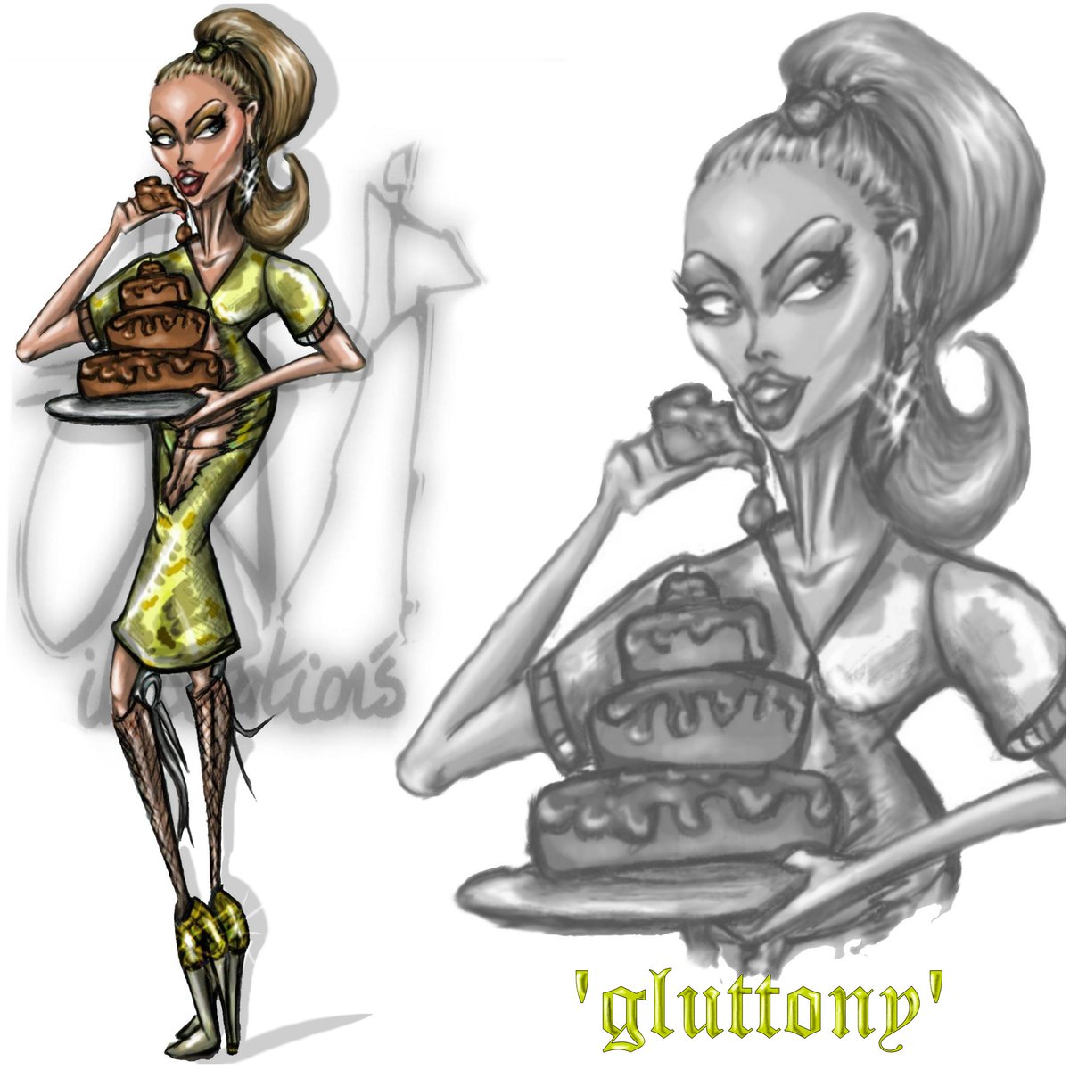 '7 Deadly Sins: Gluttony'. #my #mydesign #gluttony #sinner #7 #cake #myillustration #illustrator #food #snacks #model #beauty #choclate #chocoholic #mydrawing #myart #belfastartist #stuffed #gayireland #gayuk #blonde #blondehair #lookatme #drawing #hobby #fab #delicious