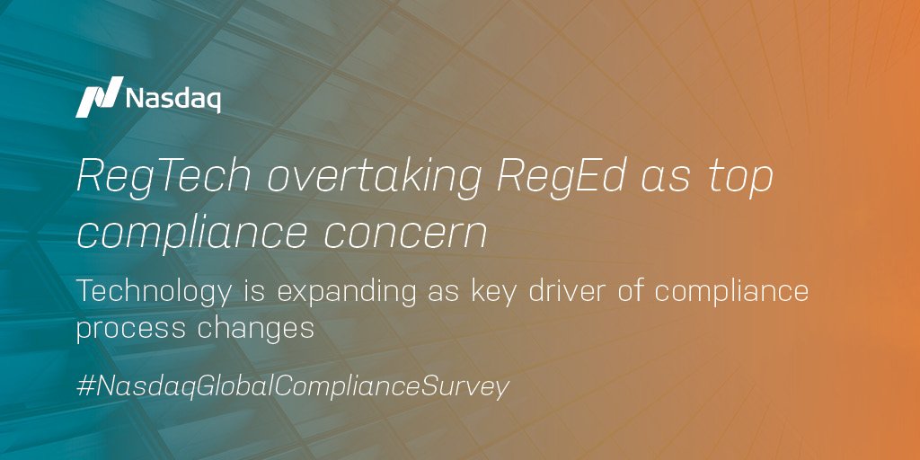NasdaqExchange's tweet photo. The most notable difference in the 2017 data is the rise of #RegTech, which is overtaking #RegEd as the top #compliance concern. Find out more about the top takeaways from our 2017 Global Compliance survey in our latest blog post: https://t.co/J72lALtjhJ #surveillance https://t.co/zJ0RHBur3e
